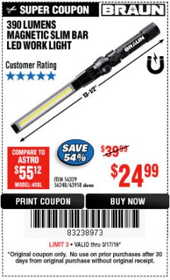 Harbor Freight Coupon BRAUN 390 LUMEN SLIM BAR FOLDING LED WORKLIGHT Lot No. 63958/56248/56329 Expired: 3/17/19 - $24.99