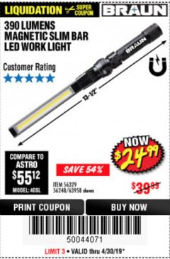 Harbor Freight Coupon BRAUN 390 LUMEN SLIM BAR FOLDING LED WORKLIGHT Lot No. 63958/56248/56329 Expired: 4/30/19 - $24.99