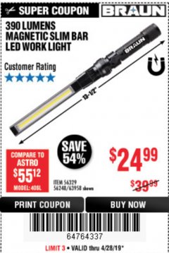 Harbor Freight Coupon BRAUN 390 LUMEN SLIM BAR FOLDING LED WORKLIGHT Lot No. 63958/56248/56329 Expired: 4/28/19 - $24.99