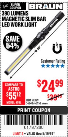 Harbor Freight Coupon BRAUN 390 LUMEN SLIM BAR FOLDING LED WORKLIGHT Lot No. 63958/56248/56329 Expired: 5/19/19 - $24.99