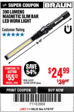 Harbor Freight Coupon BRAUN 390 LUMEN SLIM BAR FOLDING LED WORKLIGHT Lot No. 63958/56248/56329 Expired: 5/19/19 - $24.99