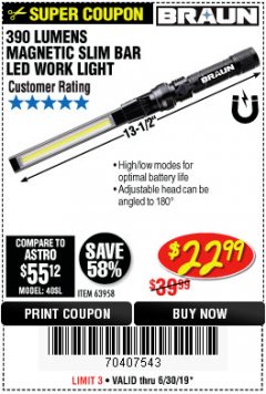 Harbor Freight Coupon BRAUN 390 LUMEN SLIM BAR FOLDING LED WORKLIGHT Lot No. 63958/56248/56329 Expired: 6/30/19 - $22.99