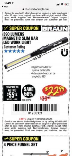 Harbor Freight Coupon BRAUN 390 LUMEN SLIM BAR FOLDING LED WORKLIGHT Lot No. 63958/56248/56329 Expired: 6/30/19 - $22.99