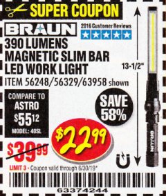 Harbor Freight Coupon BRAUN 390 LUMEN SLIM BAR FOLDING LED WORKLIGHT Lot No. 63958/56248/56329 Expired: 6/30/19 - $22.99