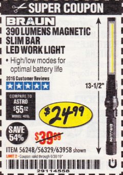 Harbor Freight Coupon BRAUN 390 LUMEN SLIM BAR FOLDING LED WORKLIGHT Lot No. 63958/56248/56329 Expired: 6/30/19 - $24.99