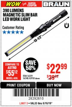 Harbor Freight Coupon BRAUN 390 LUMEN SLIM BAR FOLDING LED WORKLIGHT Lot No. 63958/56248/56329 Expired: 6/16/19 - $22.99