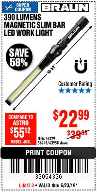 Harbor Freight Coupon BRAUN 390 LUMEN SLIM BAR FOLDING LED WORKLIGHT Lot No. 63958/56248/56329 Expired: 6/23/19 - $22.99