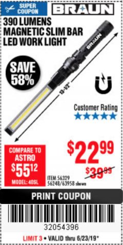 Harbor Freight Coupon BRAUN 390 LUMEN SLIM BAR FOLDING LED WORKLIGHT Lot No. 63958/56248/56329 Expired: 6/23/19 - $22.99