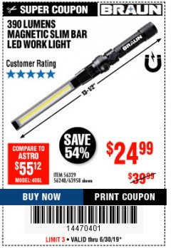 Harbor Freight Coupon BRAUN 390 LUMEN SLIM BAR FOLDING LED WORKLIGHT Lot No. 63958/56248/56329 Expired: 6/30/19 - $24.99