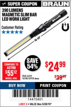 Harbor Freight Coupon BRAUN 390 LUMEN SLIM BAR FOLDING LED WORKLIGHT Lot No. 63958/56248/56329 Expired: 6/30/19 - $24.99