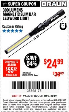 Harbor Freight Coupon BRAUN 390 LUMEN SLIM BAR FOLDING LED WORKLIGHT Lot No. 63958/56248/56329 Expired: 10/5/19 - $24.99