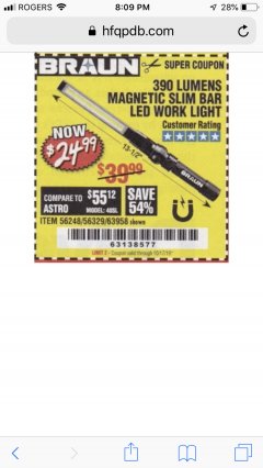 Harbor Freight Coupon BRAUN 390 LUMEN SLIM BAR FOLDING LED WORKLIGHT Lot No. 63958/56248/56329 Expired: 10/17/19 - $24.99