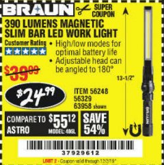 Harbor Freight Coupon BRAUN 390 LUMEN SLIM BAR FOLDING LED WORKLIGHT Lot No. 63958/56248/56329 Expired: 12/2/19 - $24.99