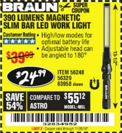 Harbor Freight Coupon BRAUN 390 LUMEN SLIM BAR FOLDING LED WORKLIGHT Lot No. 63958/56248/56329 Expired: 11/26/19 - $24.99