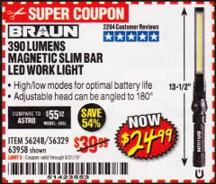 Harbor Freight Coupon BRAUN 390 LUMEN SLIM BAR FOLDING LED WORKLIGHT Lot No. 63958/56248/56329 Expired: 8/31/19 - $24.99