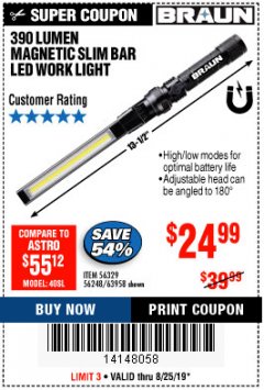 Harbor Freight Coupon BRAUN 390 LUMEN SLIM BAR FOLDING LED WORKLIGHT Lot No. 63958/56248/56329 Expired: 8/25/19 - $24.99