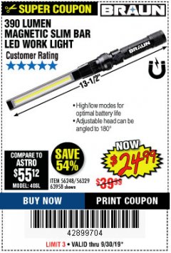 Harbor Freight Coupon BRAUN 390 LUMEN SLIM BAR FOLDING LED WORKLIGHT Lot No. 63958/56248/56329 Expired: 9/30/19 - $24.99