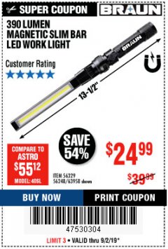 Harbor Freight Coupon BRAUN 390 LUMEN SLIM BAR FOLDING LED WORKLIGHT Lot No. 63958/56248/56329 Expired: 9/2/19 - $24.99