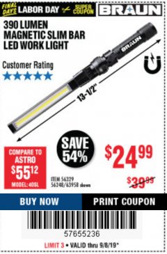 Harbor Freight Coupon BRAUN 390 LUMEN SLIM BAR FOLDING LED WORKLIGHT Lot No. 63958/56248/56329 Expired: 9/8/19 - $24.99