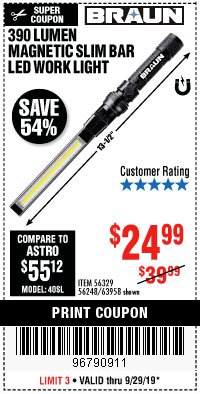 Harbor Freight Coupon BRAUN 390 LUMEN SLIM BAR FOLDING LED WORKLIGHT Lot No. 63958/56248/56329 Expired: 9/29/19 - $24.99