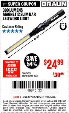 Harbor Freight Coupon BRAUN 390 LUMEN SLIM BAR FOLDING LED WORKLIGHT Lot No. 63958/56248/56329 Expired: 12/6/19 - $24.99