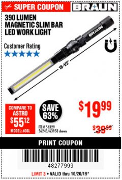 Harbor Freight Coupon BRAUN 390 LUMEN SLIM BAR FOLDING LED WORKLIGHT Lot No. 63958/56248/56329 Expired: 10/20/19 - $19.99