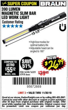 Harbor Freight Coupon BRAUN 390 LUMEN SLIM BAR FOLDING LED WORKLIGHT Lot No. 63958/56248/56329 Expired: 11/30/19 - $26.99