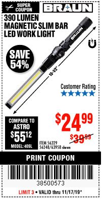 Harbor Freight Coupon BRAUN 390 LUMEN SLIM BAR FOLDING LED WORKLIGHT Lot No. 63958/56248/56329 Expired: 11/17/19 - $24.99