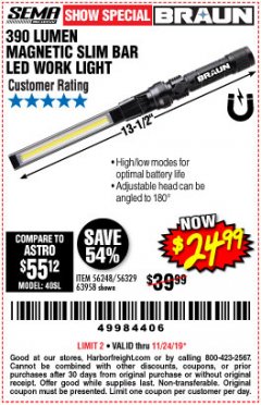 Harbor Freight Coupon BRAUN 390 LUMEN SLIM BAR FOLDING LED WORKLIGHT Lot No. 63958/56248/56329 Expired: 11/24/19 - $24.99