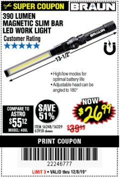 Harbor Freight Coupon BRAUN 390 LUMEN SLIM BAR FOLDING LED WORKLIGHT Lot No. 63958/56248/56329 Expired: 12/8/19 - $26.99