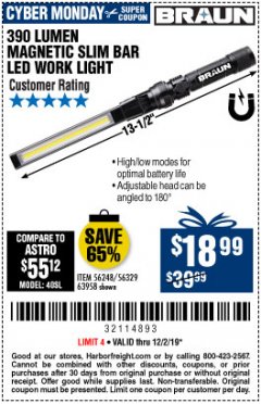 Harbor Freight Coupon BRAUN 390 LUMEN SLIM BAR FOLDING LED WORKLIGHT Lot No. 63958/56248/56329 Expired: 12/1/19 - $18.99