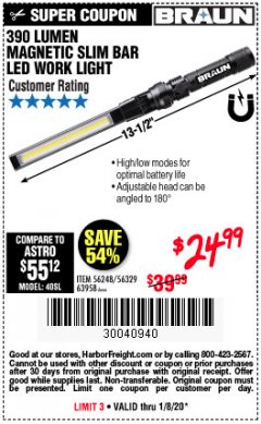 Harbor Freight Coupon BRAUN 390 LUMEN SLIM BAR FOLDING LED WORKLIGHT Lot No. 63958/56248/56329 Expired: 1/8/20 - $24.99