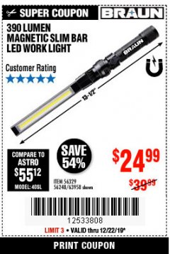 Harbor Freight Coupon BRAUN 390 LUMEN SLIM BAR FOLDING LED WORKLIGHT Lot No. 63958/56248/56329 Expired: 12/22/19 - $24.99