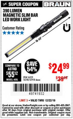 Harbor Freight Coupon BRAUN 390 LUMEN SLIM BAR FOLDING LED WORKLIGHT Lot No. 63958/56248/56329 Expired: 12/22/19 - $24.99