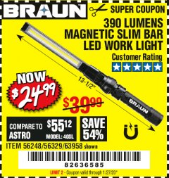 Harbor Freight Coupon BRAUN 390 LUMEN SLIM BAR FOLDING LED WORKLIGHT Lot No. 63958/56248/56329 Expired: 1/27/20 - $24.99