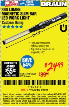 Harbor Freight Coupon BRAUN 390 LUMEN SLIM BAR FOLDING LED WORKLIGHT Lot No. 63958/56248/56329 Expired: 1/31/20 - $24.99