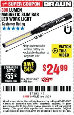 Harbor Freight Coupon BRAUN 390 LUMEN SLIM BAR FOLDING LED WORKLIGHT Lot No. 63958/56248/56329 Expired: 1/5/20 - $24.99