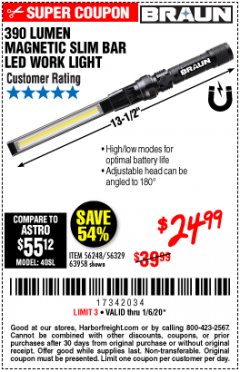 Harbor Freight Coupon BRAUN 390 LUMEN SLIM BAR FOLDING LED WORKLIGHT Lot No. 63958/56248/56329 Expired: 1/6/20 - $24.99