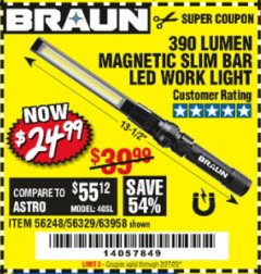 Harbor Freight Coupon BRAUN 390 LUMEN SLIM BAR FOLDING LED WORKLIGHT Lot No. 63958/56248/56329 Expired: 2/27/20 - $24.99