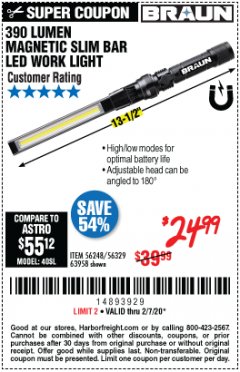 Harbor Freight Coupon BRAUN 390 LUMEN SLIM BAR FOLDING LED WORKLIGHT Lot No. 63958/56248/56329 Expired: 2/7/20 - $24.99