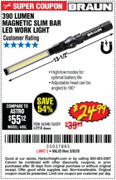 Harbor Freight Coupon BRAUN 390 LUMEN SLIM BAR FOLDING LED WORKLIGHT Lot No. 63958/56248/56329 Expired: 2/8/20 - $24.99