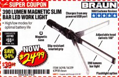 Harbor Freight Coupon BRAUN 390 LUMEN SLIM BAR FOLDING LED WORKLIGHT Lot No. 63958/56248/56329 Expired: 3/31/20 - $24.99