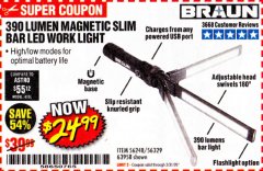 Harbor Freight Coupon BRAUN 390 LUMEN SLIM BAR FOLDING LED WORKLIGHT Lot No. 63958/56248/56329 Expired: 3/31/20 - $24.99