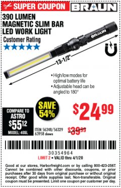 Harbor Freight Coupon BRAUN 390 LUMEN SLIM BAR FOLDING LED WORKLIGHT Lot No. 63958/56248/56329 Expired: 4/1/20 - $24.99