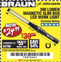 Harbor Freight Coupon BRAUN 390 LUMEN SLIM BAR FOLDING LED WORKLIGHT Lot No. 63958/56248/56329 Expired: 6/30/20 - $24.99