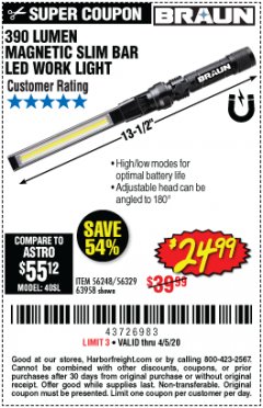 Harbor Freight Coupon BRAUN 390 LUMEN SLIM BAR FOLDING LED WORKLIGHT Lot No. 63958/56248/56329 Expired: 6/30/20 - $24.99