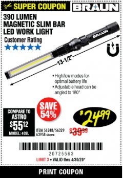 Harbor Freight Coupon BRAUN 390 LUMEN SLIM BAR FOLDING LED WORKLIGHT Lot No. 63958/56248/56329 Expired: 6/30/20 - $24.99