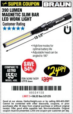 Harbor Freight Coupon BRAUN 390 LUMEN SLIM BAR FOLDING LED WORKLIGHT Lot No. 63958/56248/56329 Expired: 6/30/20 - $24.99