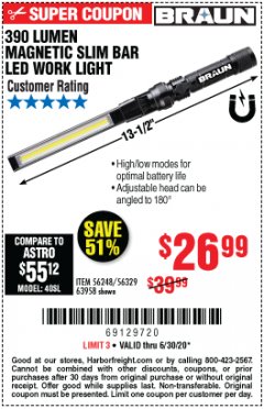 Harbor Freight Coupon BRAUN 390 LUMEN SLIM BAR FOLDING LED WORKLIGHT Lot No. 63958/56248/56329 Expired: 6/30/20 - $26.99