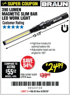 Harbor Freight Coupon BRAUN 390 LUMEN SLIM BAR FOLDING LED WORKLIGHT Lot No. 63958/56248/56329 Expired: 6/30/20 - $24.99